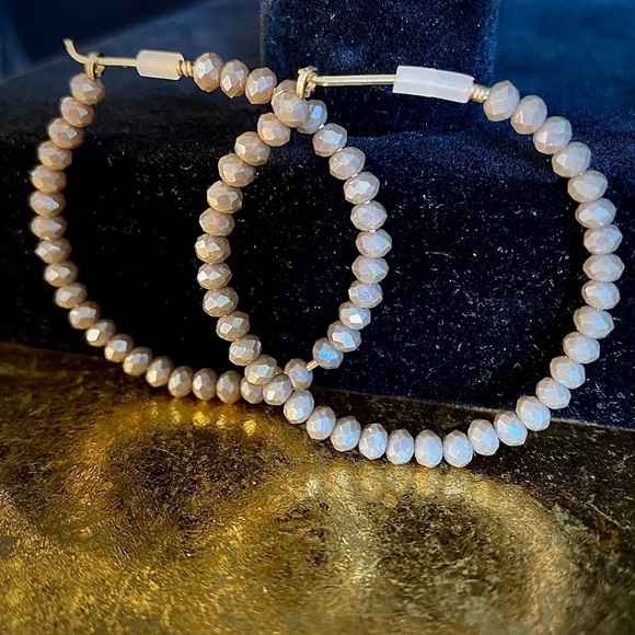 Beaded Wire Hoop Set - Greige and Crystal coordinated hoops NWOT - Picture 3 of 6